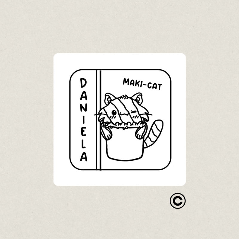 EXLIBRIS 30X30MM MINISUSHICATS 2 DANIELA MAKI DESIGN AND STAMP