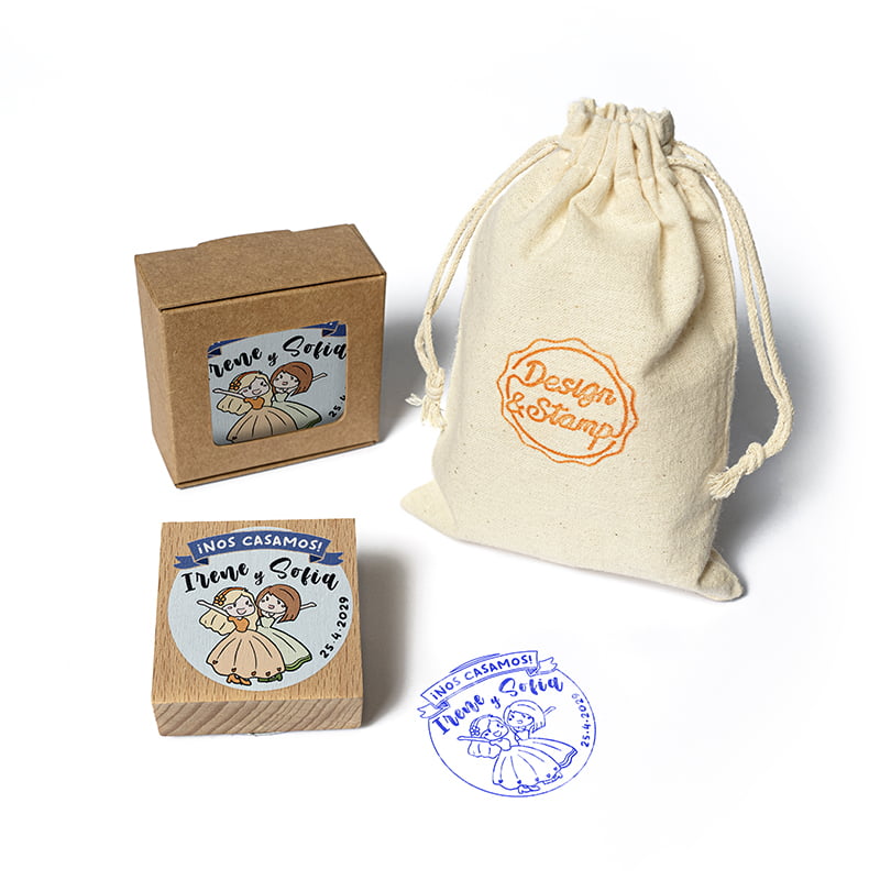 Eventos 1 – Sello manual redondo Ø 45 mm con montura de madera cuadrada 50×50 impresión Rolan y bolsita porta sello.