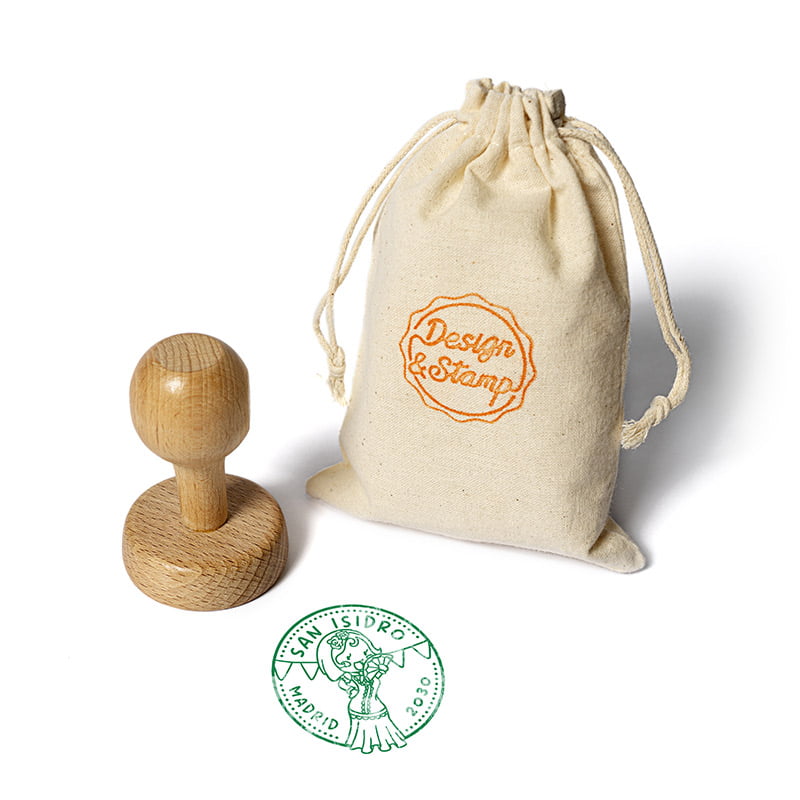 Eventos 1 - Sello manual redondo Ø 45 mm con montura de madera y bolsita porta sello.